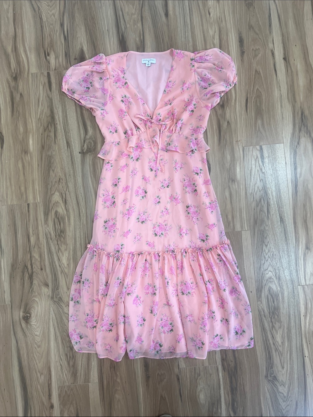LoveShackFancy Pink Floral Tie-Front Ruffle Dress